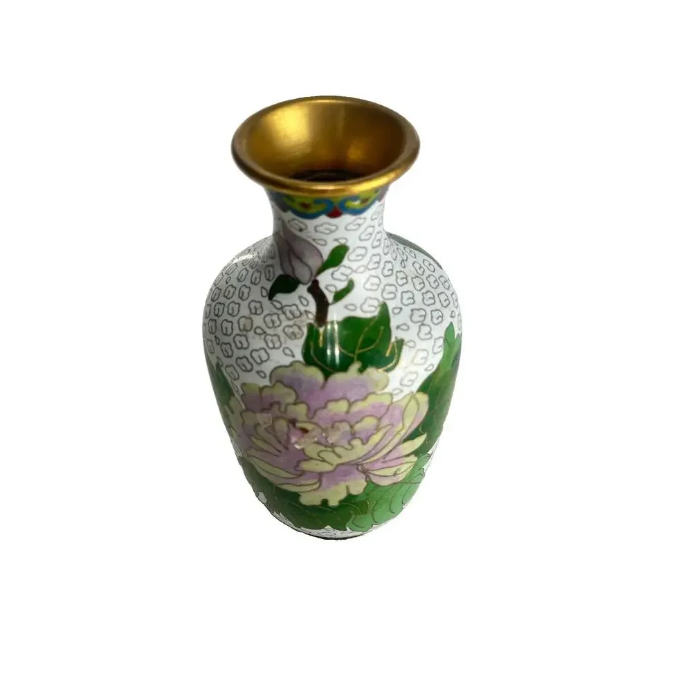 vintage chinese cloisonne vase brass white enamel peony bird butterfly decor